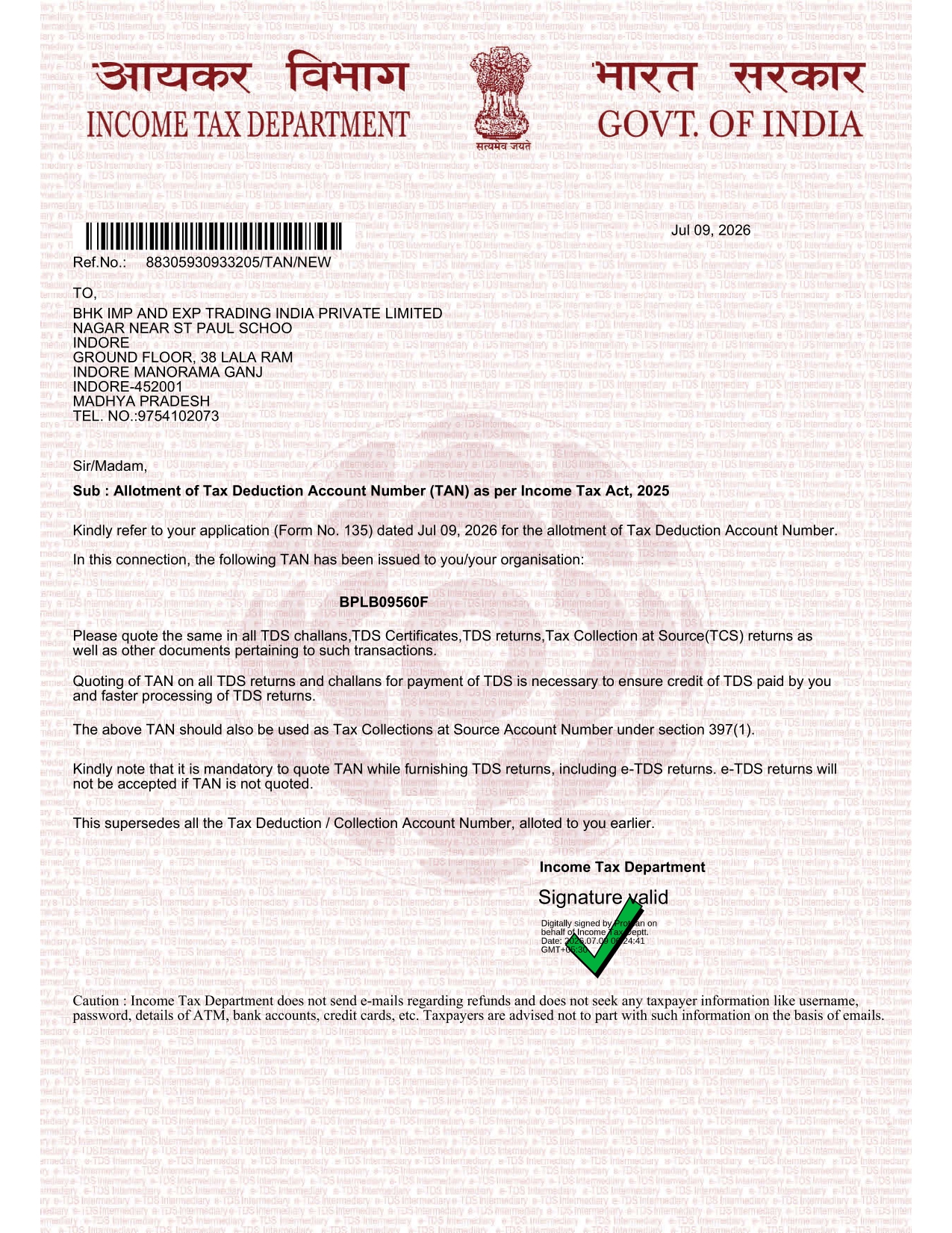 TAN Certificate